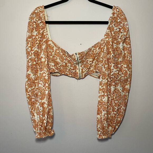 Bardot Large Orange White Paisley Eyelet Crop Long Sleeve Blouse Women's size 10 - Picture 6 of 9